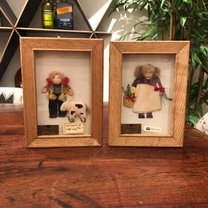 Set of 2 Vintage 1980&#39;s Kitschy Farm Girl in Shadow Box Framed Wall Art CAC Feather Art - Country Home Wall Hanging - Home Kitsch