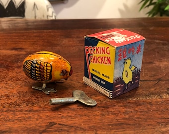 Vintage Chinese Tin Lithograph Wind-Up Pecking Chicken Toy with Wind Up Key in Box - Retro Farm Animal Chick Toy - Miniature Mini Kid's Toy