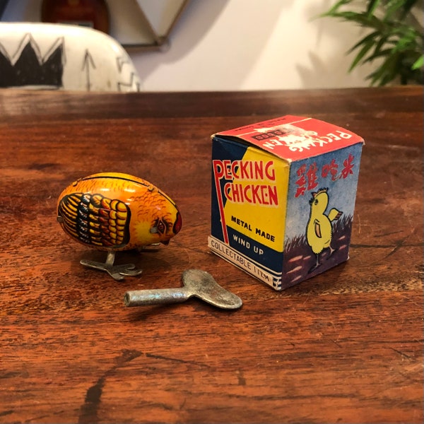 Vintage Chinese Tin Lithograph Wind-Up Pecking Chicken Toy with Wind Up Key in Box - Retro Farm Animal Chick Toy - Miniature Mini Kid's Toy