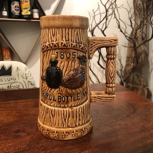 Vintage 1970&#39;s Reproduction 1805 Colonial Bird & Bottle Inn Glazed Ceramic Beer Stein - Vintage Colonial Decor - Colonial Tavern Decor