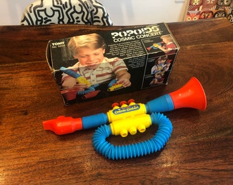 Vintage c. 1983 POPOIDS Cosmic Concert Construction Musical Horn Toy by TOMY with Instructions - Complete Set 7 Pieces - Space Toy No. 5204