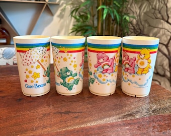 Set of 4 Vintage c. 1983 Care Bears Children's Plastic 8 oz. Drinking Cups by Deka for American Greetings Corp. 1980s 80s Child's Kid's Cup