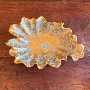 Mid Century Strangl Pottery Gold & Light Blue Freeform Ceramic Leaf Bowl - Vintage 50s Hollywood Regency Home Decor Metallic Gold Tableware