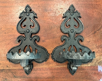 Mid Century 1940s Arts & Crafts Gothic Thick Hammered Aluminum Taper or Pillar Candle Wall Sconces by HOMCO # 1386 Arts and Crafts Movement