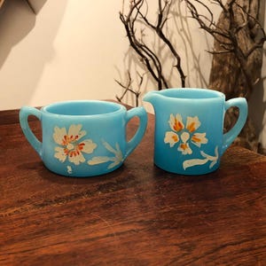 Antique French Portieux Vallerysthal Hand Painted Blue Opaline Milk Glass Creamer & Sugar Bowl with Floral Paintings - Botanical Kitchen