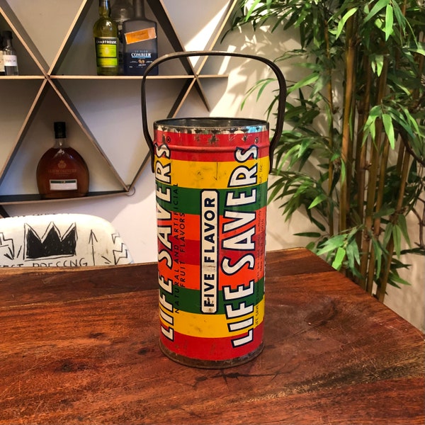 Vintage 1970's Weathered Life Savers Candy Metal Tin with Handle - No Lid - Upcycled Vase Cover - Colorful Home Decor - Hard Candy Container