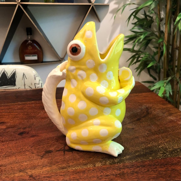 Vintage 1970's Yellow & White Polka-Dot Ceramic Frog Holding Seashell Pitcher by Schmid 70's Colorful Toad Lake House Pond Animal Home Decor