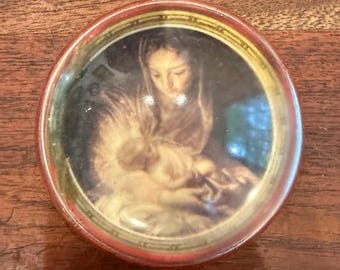 Antique Mary & Baby Jesus Clear Glass Paperweight - Christian Religious Art Home Church Decor