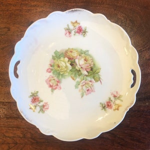 Antik tysk C S Bayern porslin Transferware fat med rosa och gula rosor - Bayersk botanisk serveringsfat - Charles Schumann