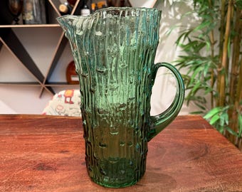 Vintage 1970's Anchor-Hocking Olive Green Ribbed Bamboo Shape Glass Pitcher - Retro Tropical Tiki Bar Home Decor - Bar Decoration Luau Decor