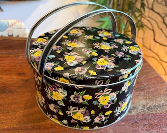 Caja metálica para galletas/dulces/costureros con asas, con estampado de pensamientos de mediados de siglo - Decoración vintage botánica floral para el hogar