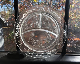 Antique 1930's Where Are You Going My Pretty Maid - See-Saw Margery Daw 8.5" Glass Divided Children's Plate - Nursery Rhyme Dish