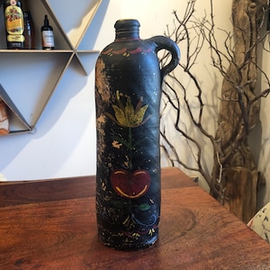 Antique 1860&#39;s German Hand Painted Floral & Heart Toleware Nassau Seltzers No. 26 Salt Glaze Stoneware Clay Bottle - German Folk Art