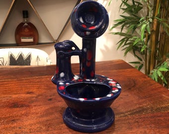 Vintage 1970's Patriotic Red White & Blue Drip Glaze Ceramic Antique Telephone Flower Pot - Retro Kitschy 70's Old Fashioned Phone Planter