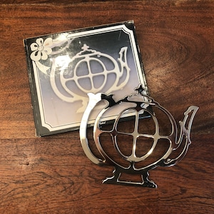 Puede incluir: Salvamanteles de plata en forma de tetera con un diseño decorativo. El salvamanteles está sobre una superficie de madera y al lado de una caja con un diseño similar.