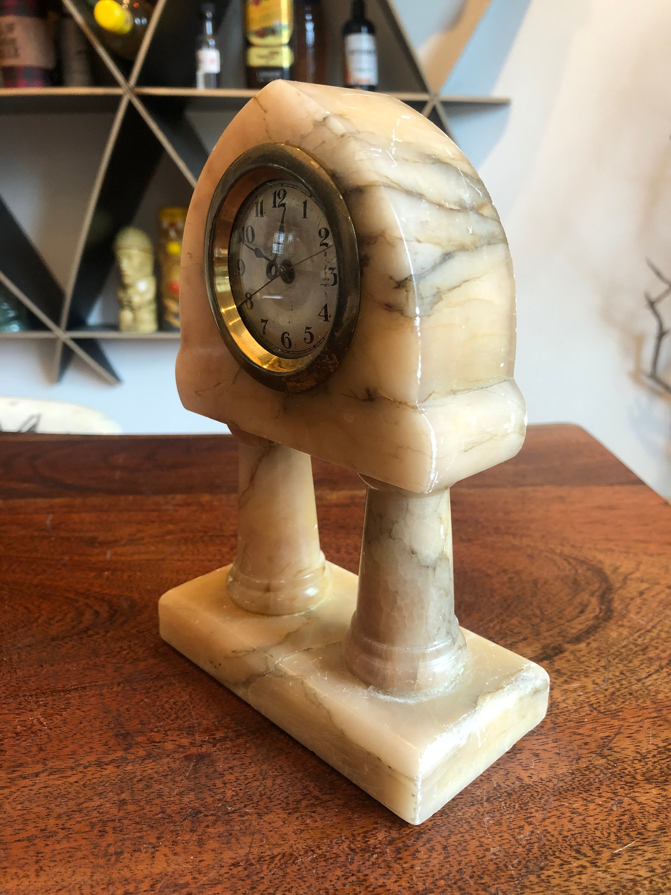 Antique 1920s Art Deco Tan Marble Desk / Mantle Clock - Doesn't