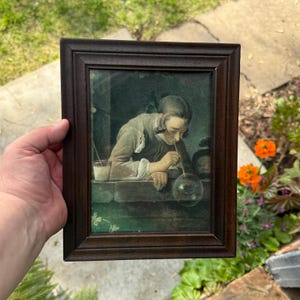 Antique 1920&#39;s Reproduction c. 1733 French Artist Jean Siméon Chardin Art Print of Young Man Blowing Bubbles in Wooden Frame - 18th Century