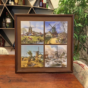 Vintage Mid Century Set mit 4 holländischen Windmühlen vier Jahreszeiten gerahmte Keramikfliesen Wandbehang - 15-3 / 8 &quot;kleine - Holland Farm Landschaftsszene
