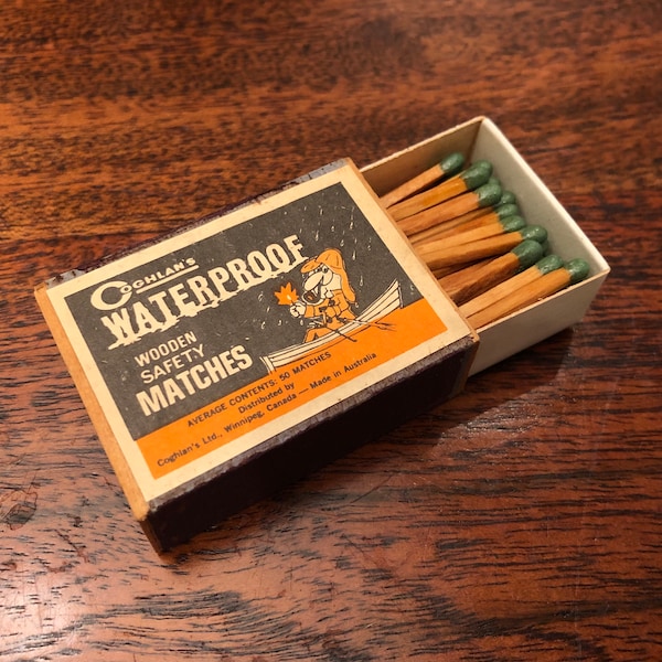 Vintage 1960's Coghlan's Wooden Waterproof Matches in Box - 50 Count - Vintage Coghlan's Camping Accessories - Vintage 1960's Matches