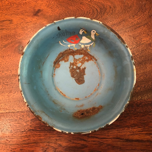 Antique 1900's Germany Blue Enamelware Children's Bowl with Ducks - Antique German Enamelware Children's Bowl - Antique Blue Enamelware