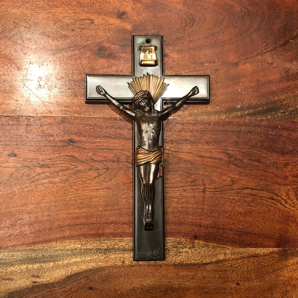 Mid Century Thick Metal Batesville Magnetic Crucifix from The Batesville Casket Co. - Funeral Home Decor - Vintage Christian Religious Art