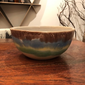 Antique 1930's Multi-Colored Stoneware Pottery 7-1/8" Mixing Bowl / Serving Bowl - Vintage Rustic Farmhouse Farm Kitchen Home Decor