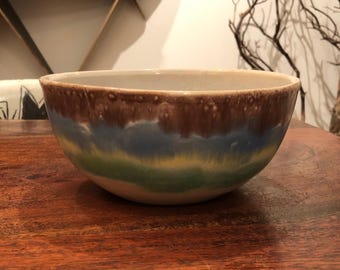 Antik 1930-tals flerfärgad stengods keramik 7-1/8" blandningsskål / serveringsskål - Vintage 30-tals rustik bondgårdskök heminredning