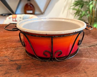 Mid Century 1960s Globe Ware 2 Quart Orange Flame Enamelware Fondue Pot / Casserole Dish / Chafing Dish Top with Wire Frame Carrying Tray