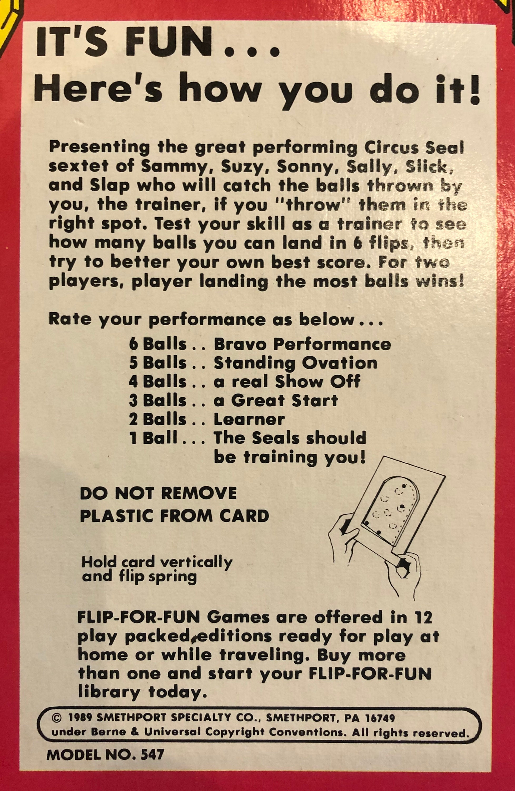 Vintage C. 1989 Circus Seals Flip Toy Game by Smethport