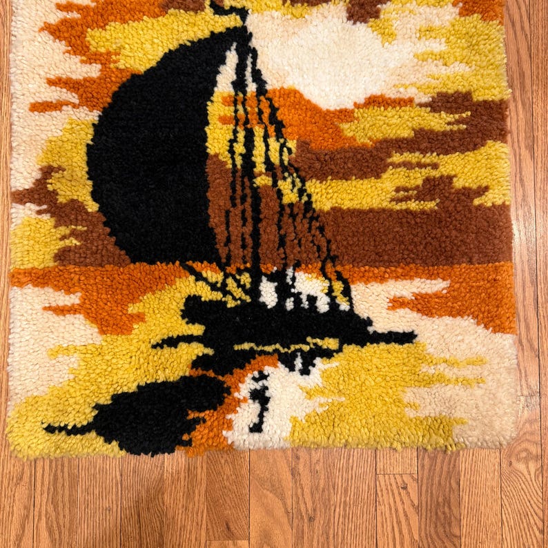 Vintage 1970s Hand Hooked Throw Rug With Sunset / Sunrise Sailboat ...