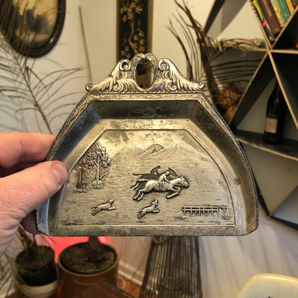 Antique Silver Metal Silent Butler Crumb Tray with Equestrian & Hunting Dog Relief Art - Made in Japan - Vintage Horse Rider Decor Gift