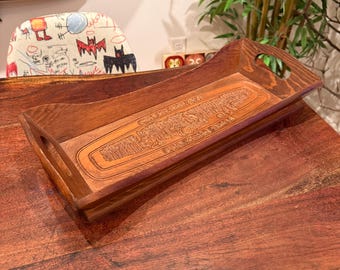 Vintage 1970s Pine Wood Give Us This Day Our Daily Bread 19.5" Long Bread Serving Tray 70s Wooden Country Farmhouse Farm Kitchen Tableware