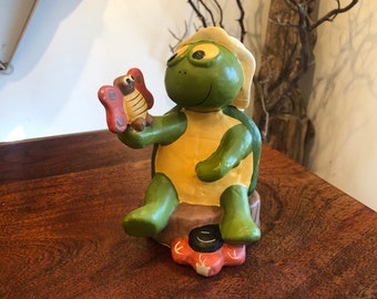 Vintage 1970's Turtle Holding A Butterfly Ceramic Piggy Bank - Tortoise Decor - Woodland Decor - Forest Animal Savings Bank