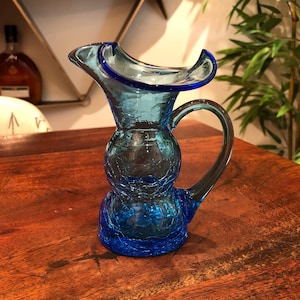Mid Century Hand Blown Blue Crackle Art Glass 4 oz. Miniature Pitcher with Pontil - 5-1/8" tall - Oil or Vinegar Cruet Mini Jug Blue Kitchen
