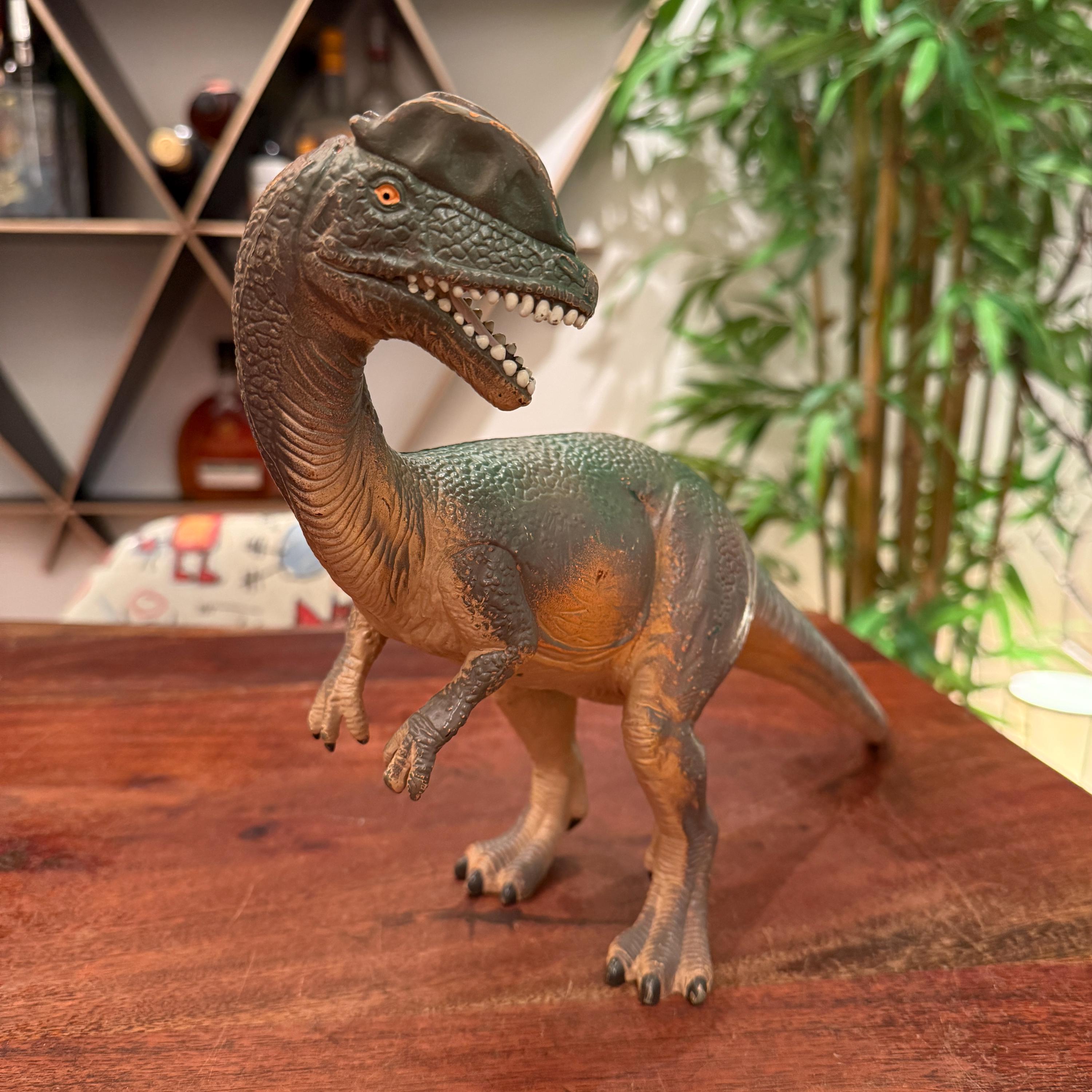 Vintage c. 2001 Dilophosaurus Carnivore Dinosaur 13" Hard Rubber Toy by Jasman - Retro Carnivorous Dino - Prehistoric Animal Toy