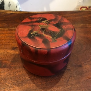 Mid Century Japanese Wooden Lacquered Red and Gold Round Trinket Box with Bird & Cherry Blossoms - Japanese Home Decor - Asian Storage Box