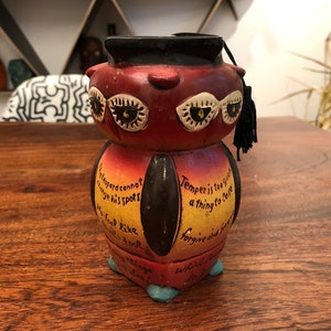 Mid Century 4 Sided Wise Old Owl with Graduation Hat Piggy Bank - Wise Sayings On Each Side - Vintage Owl Piggy Bank - Vintage Piggy Bank