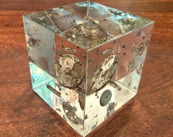 Vintage Floating Watch Gears in Acrylic 2" Square Paperweight Figurine