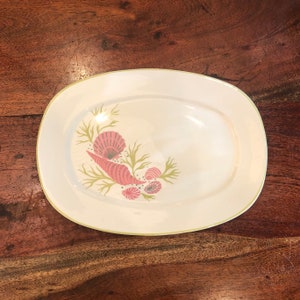 Puede incluir: Una fuente ovalada blanca con borde verde y un diseño de conchas rosas y verdes.