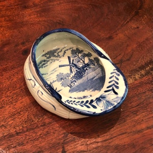 Vintage Delft Holland Hand Painted & Transferware Men's Boy's Cap Trinket Tray / Ashtray with Nautical and Windmill Design Dutch Home Decor