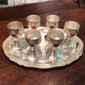 Set of 7 Vintage Silver Plated Small World Souvenir Sipping Cups with Serving Tray - England France Germany Spain Greece Turkey
