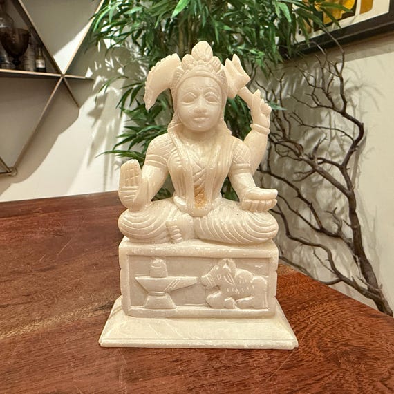Vintage Asian Indian Hand Carved White Marble Hindu Goddess Lakshmi Figurine - Diety of Wealth Fortune & Prosperity - Left Arm Broken Off