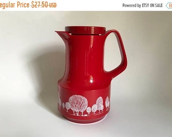 Sale - Vintage 1970's West Germany Red Thermos with Trees 32 oz. Carafe