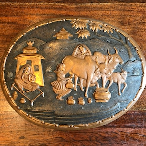 Mid Century Indian Solid Copper Relief of Indian Farmer Milking Oxen Wall Hanging by B.C.I. - Vintage Solid Copper Indian Decor