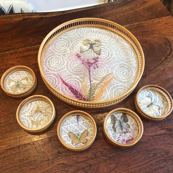 Vintage 1970's Set of 6 Bamboo Drink Serving Tray & Coasters with Pressed Butterflies Ferns and Dried Wild Flowers - Bamboo Barware Decor