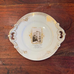 Antique 1900&#39;s German Issendorf Hotel Germania & Buschaven Souvenir Old Photograph Porcelain Handled Bowl / Plate - Victorian Germany Decor