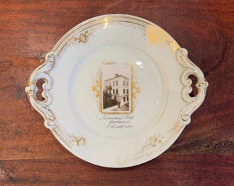 Antique 1900s German Issendorf Hotel Germania & Buschaven Souvenir Old Photograph Porcelain Handled Bowl / Plate - Victorian Germany Decor