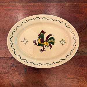 Mid Century 1950&#39;s Poppytrail of California Metlox Provincial Ceramic 13.5&quot; Oval Rooster Platter - Vintage 50&#39;s Farmhouse Farm Kitchen Decor