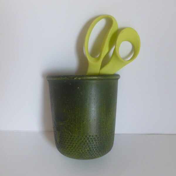 Mid Century Green Cast Metal Giant Thimble Scissor Holder Wall Pocket