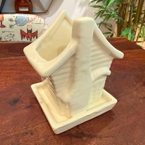 Mid Century 1940s Haegar Art Pottery Off White House Log Cabin Shaped Flower Pot - Antique Vintage 40s Small Ceramic Planter